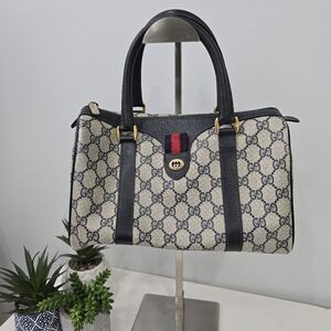 GUCCI - Vintage GG Sherry Line Boston Bag in Rare Navy Blue, PVC & Leather
